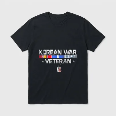 Korean War Veteran Grandpa T-Shirt – KOREAN WAR and VETERAN text with ribbons and dog tag – Classic T-Shirt in Black