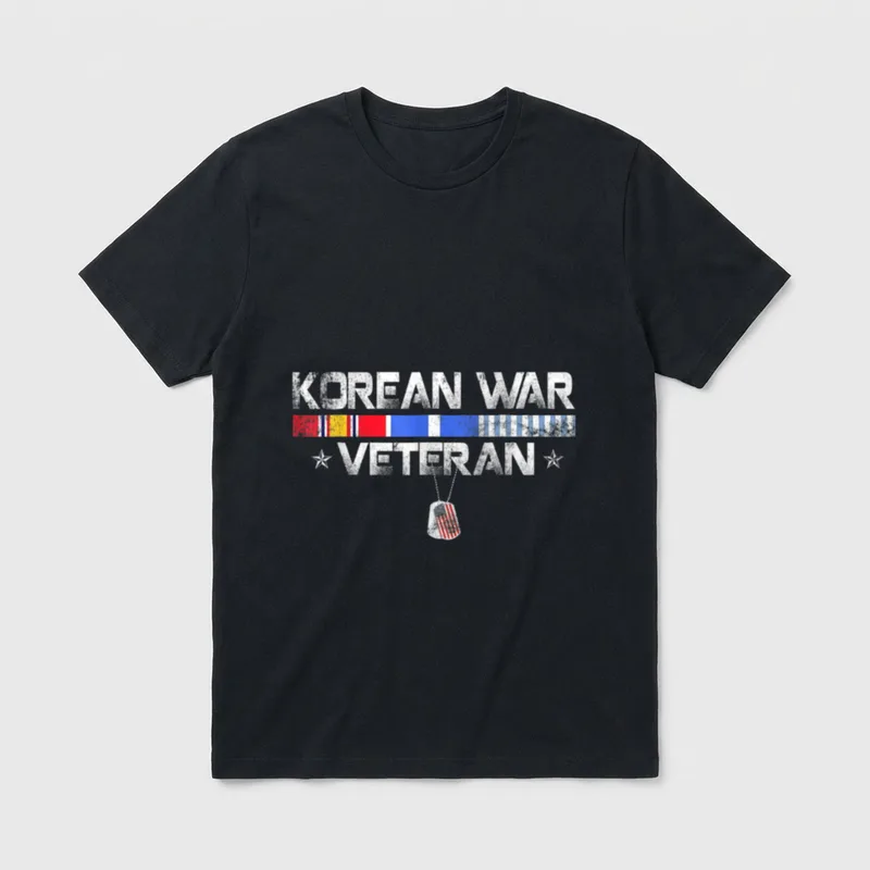 Korean War Veteran Grandpa T-Shirt – KOREAN WAR and VETERAN text with ribbons and dog tag – Classic T-Shirt in Black