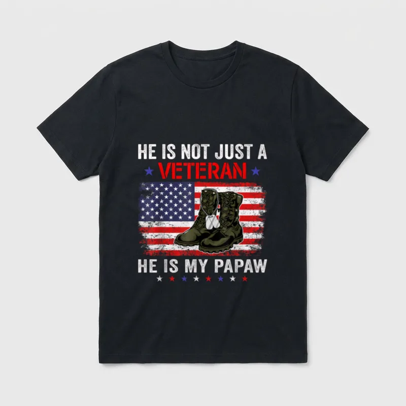 Proud Papaw Veteran T-Shirt – Military boots with dog tags on distressed American flag background – Classic T-Shirt in Black