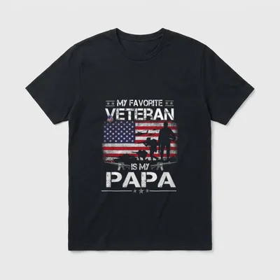 Favorite Veteran Papa T-Shirt – My Favorite Veteran Is My Papa with flag and soldier – Classic T-Shirt in Black