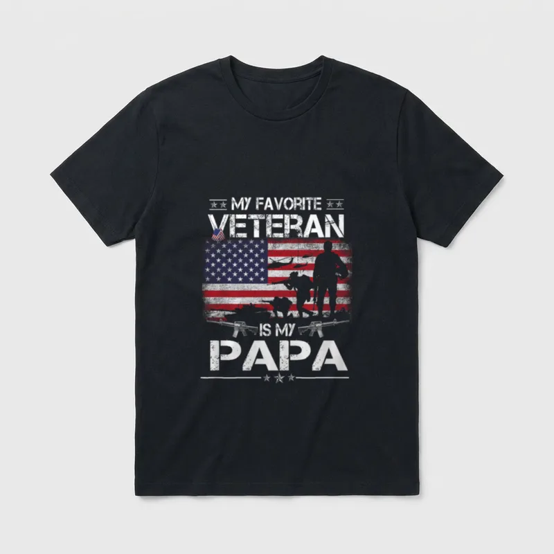 Favorite Veteran Papa T-Shirt – My Favorite Veteran Is My Papa with flag and soldier – Classic T-Shirt in Black
