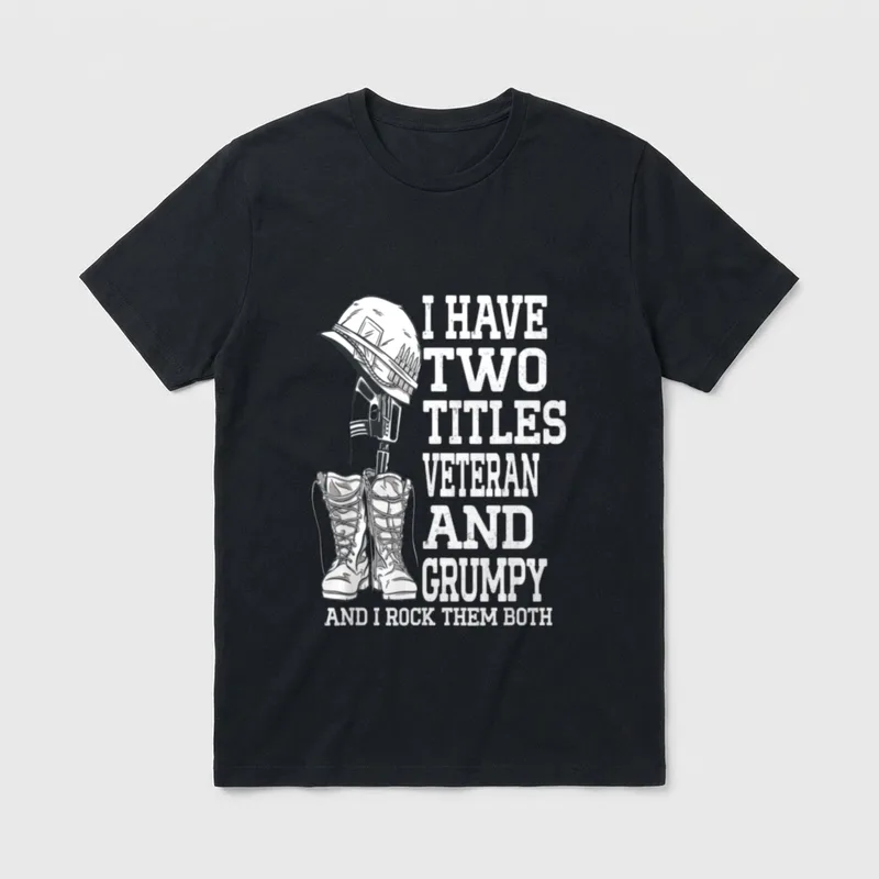 Veteran And Grandpa T-Shirt – Military helmet and combat boots with text about two titles – Classic T-Shirt in Black
