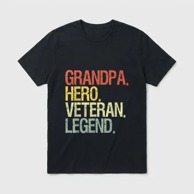 Proud Grandpa Veteran T-Shirt – Four stacked words in coral, yellow, and sage green – Classic T-Shirt in Black