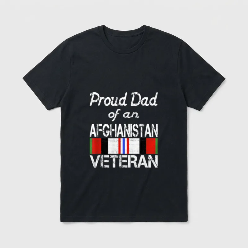 Proud Dad Afghanistan Veteran T-Shirt – Proud Dad of an AFGHANISTAN VETERAN with flag stripe – Classic T-Shirt in Black