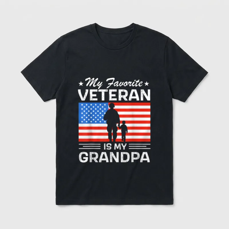 Grandpa Veteran T-Shirt – My Favorite VETERAN IS MY GRANDPA with silhouettes and flag – Classic T-Shirt in Black