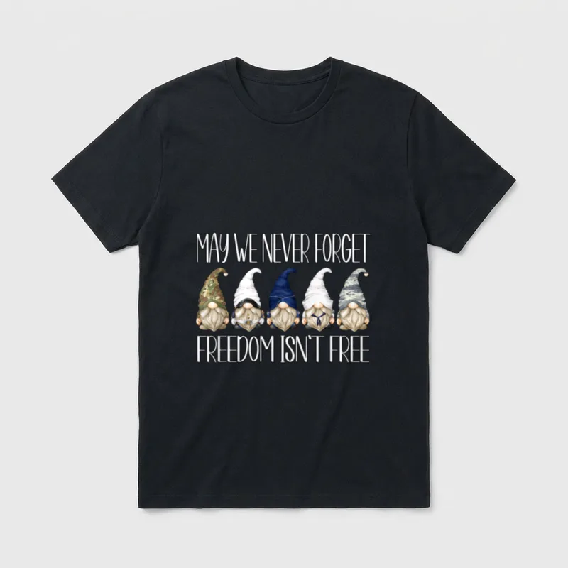 Military Dad Gnome T-Shirt – Five garden gnomes in military uniforms with text above and below – Classic T-Shirt in Black