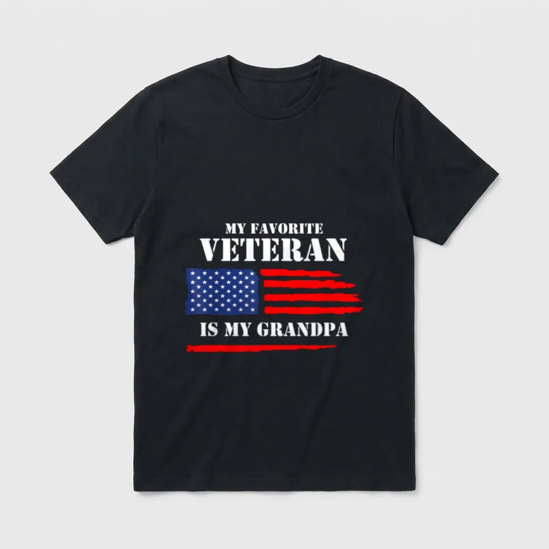 Grandpa Military Veterans Day T-Shirt – MY FAVORITE VETERAN IS MY GRANDPA with American flag – Classic T-Shirt in Black