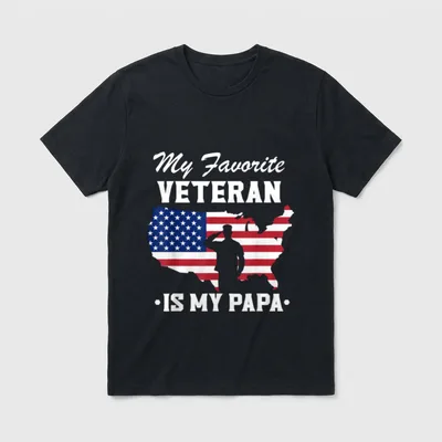 My Papa Veteran Dad T-Shirt – My Favorite VETERAN IS MY PAPA with US flag silhouette – Classic T-Shirt in Black
