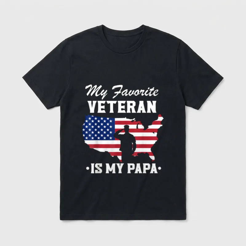 My Papa Veteran Dad T-Shirt – My Favorite VETERAN IS MY PAPA with US flag silhouette – Classic T-Shirt in Black
