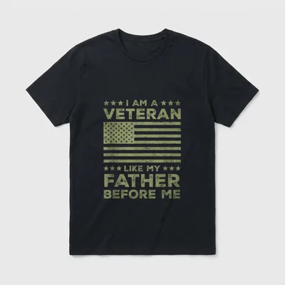 Army Veteran Proud Son T-Shirt – I AM A VETERAN LIKE MY FATHER BEFORE ME with distressed US flag – Classic T-Shirt in Black