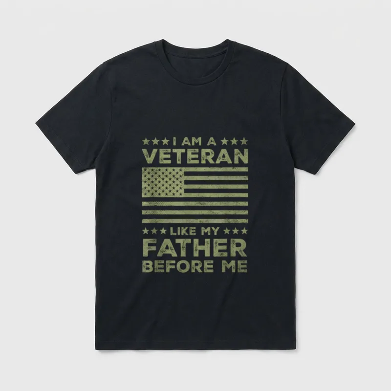 Army Veteran Proud Son T-Shirt – I AM A VETERAN LIKE MY FATHER BEFORE ME with distressed US flag – Classic T-Shirt in Black