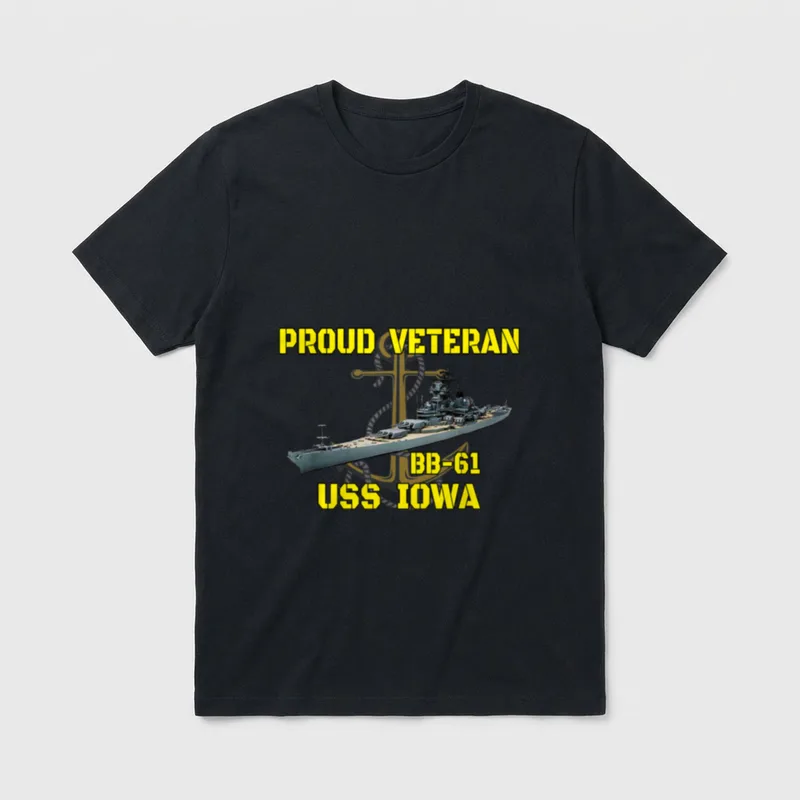 Navy Battleship Veterans Day Dad T-Shirt – PROUD VETERAN BB-61 USS IOWA with battleship and cross – Classic T-Shirt in Black
