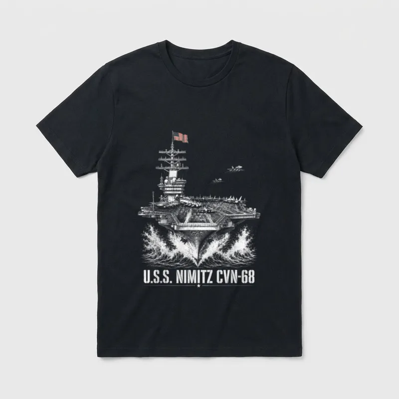 USS Nimitz Veteran T-Shirt – U.S.S. NIMITZ CVN-68 with aircraft carrier illustration – Classic T-Shirt in Black