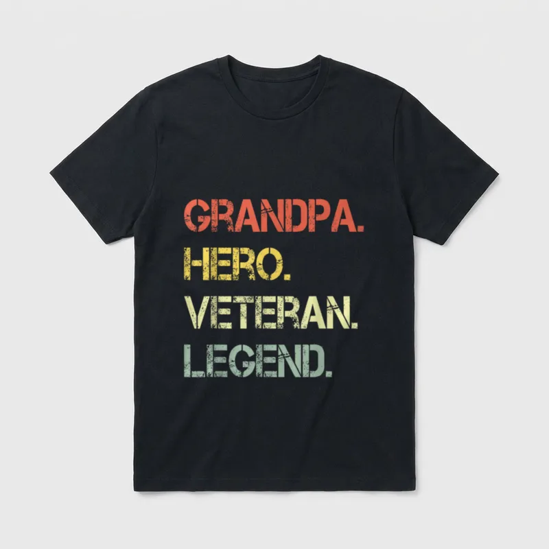 Retired Military Grandpa T-Shirt – Grandpa. Hero. Veteran. Legend. in stacked weathered text – Classic T-Shirt in Black