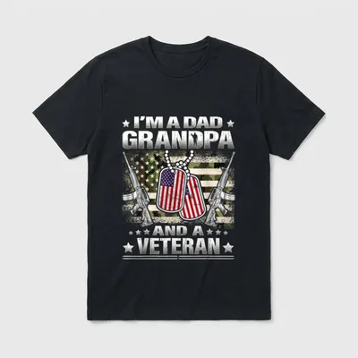 Military Veteran Father Grandfather T-Shirt – I'M A DAD GRANDPA AND A VETERAN in textured letters – Classic T-Shirt in Black