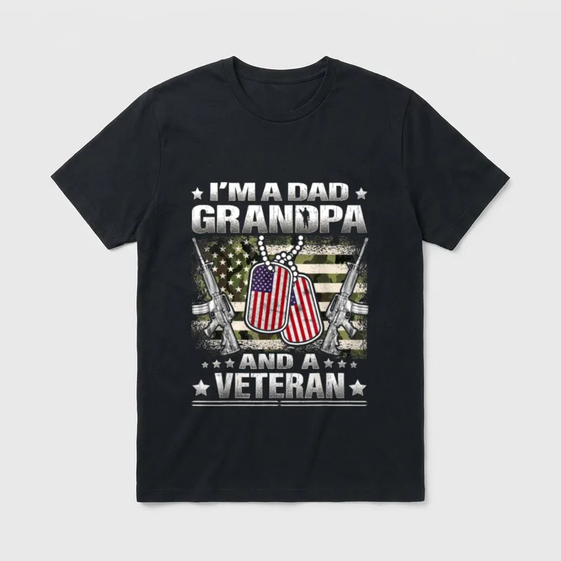 Military Veteran Father Grandfather T-Shirt – I'M A DAD GRANDPA AND A VETERAN in textured letters – Classic T-Shirt in Black