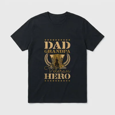 Dad Grandpa Veteran Hero T-Shirt – Gold combat boots with Dad Grandpa Veteran Hero text and stars – Classic T-Shirt in Black