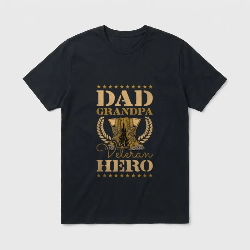 Dad Grandpa Veteran Hero T-Shirt – Gold combat boots with Dad Grandpa Veteran Hero text and stars – Classic T-Shirt in Black