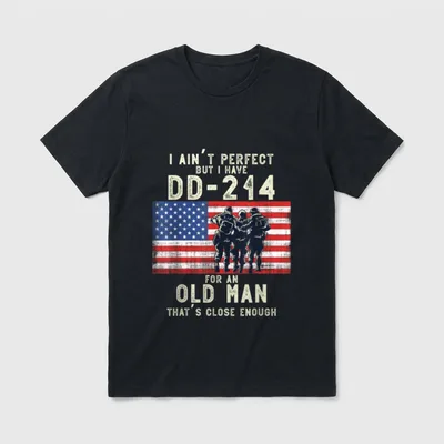 I Ain Perfect T-Shirt – DD-214 text over distressed flag with three soldier silhouettes – Classic T-Shirt in Black