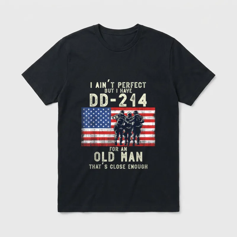 I Ain Perfect T-Shirt – DD-214 text over distressed flag with three soldier silhouettes – Classic T-Shirt in Black