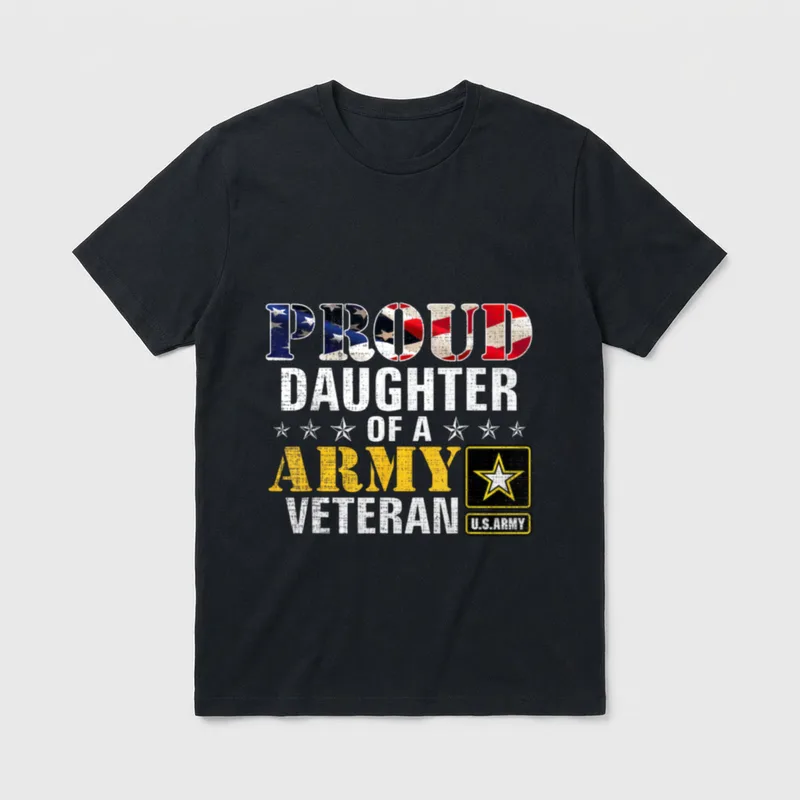Proud Army Veteran Daughter T-Shirt – PROUD DAUGHTER OF A ARMY VETERAN with flag-filled letters – Classic T-Shirt in Black