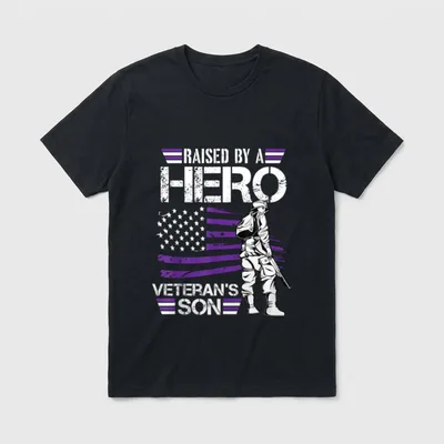 Military Child Month T-Shirt – Raised by a Hero / Veteran's Son with soldier figure and flag – Classic T-Shirt in Black