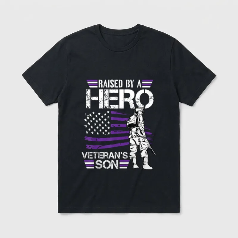 Military Child Month T-Shirt – Raised by a Hero / Veteran's Son with soldier figure and flag – Classic T-Shirt in Black