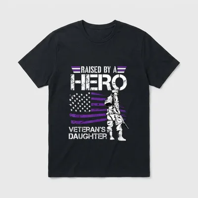 Military Child Veteran Daughter T-Shirt – Raised by a Hero, Veteran's Daughter with American flag – Classic T-Shirt in Black