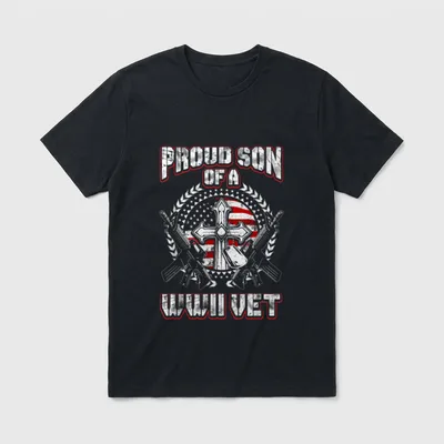 Proud Son WWII Veteran T-Shirt – PROUD SON OF A WWII VET text with military cross and flag – Classic T-Shirt in Black
