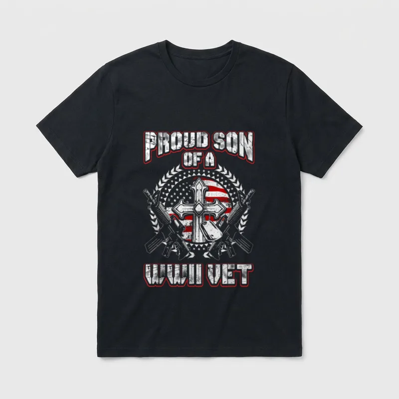 Proud Son WWII Veteran T-Shirt – PROUD SON OF A WWII VET text with military cross and flag – Classic T-Shirt in Black