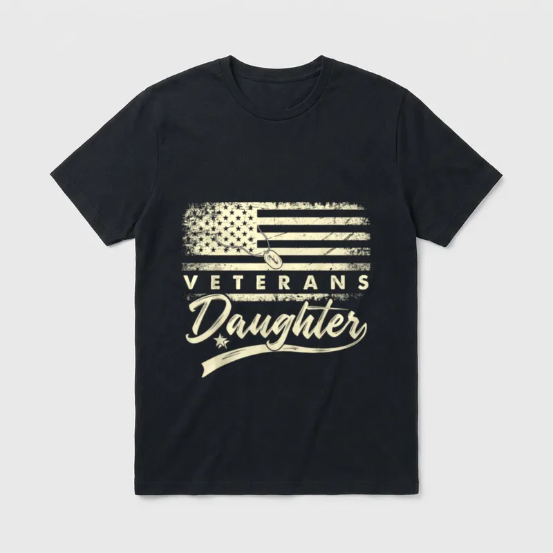 Veteran's Daughter Pride T-Shirt – VETERANS Daughter text with American flag and military dog tags – Classic T-Shirt in Black