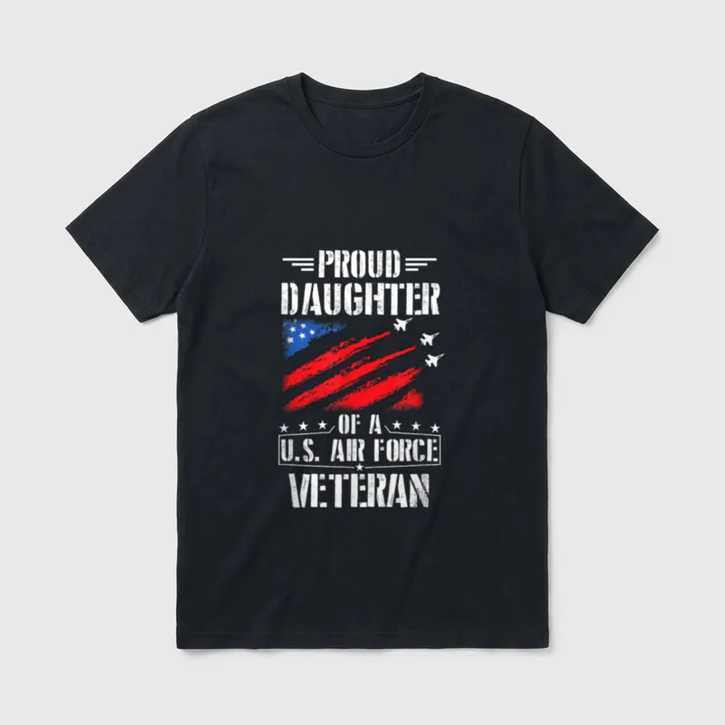 Proud Daughter Air Force Veteran T-Shirt – Proud Daughter text with American flag and fighter jets – Classic T-Shirt in Black