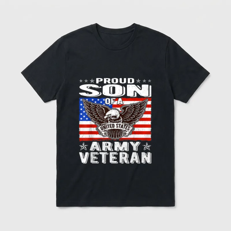 Army Veteran Son T-Shirt – "Proud Son of a United States Army Veteran" text with eagle emblem – Classic T-Shirt in Black
