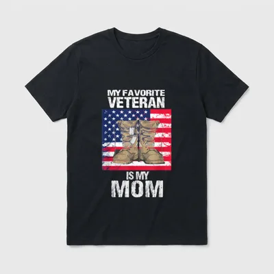 Veteran Mom Proud Son T-Shirt – My Favorite Veteran Is My Mom, military boots and dog tags on flag – Classic T-Shirt in Black