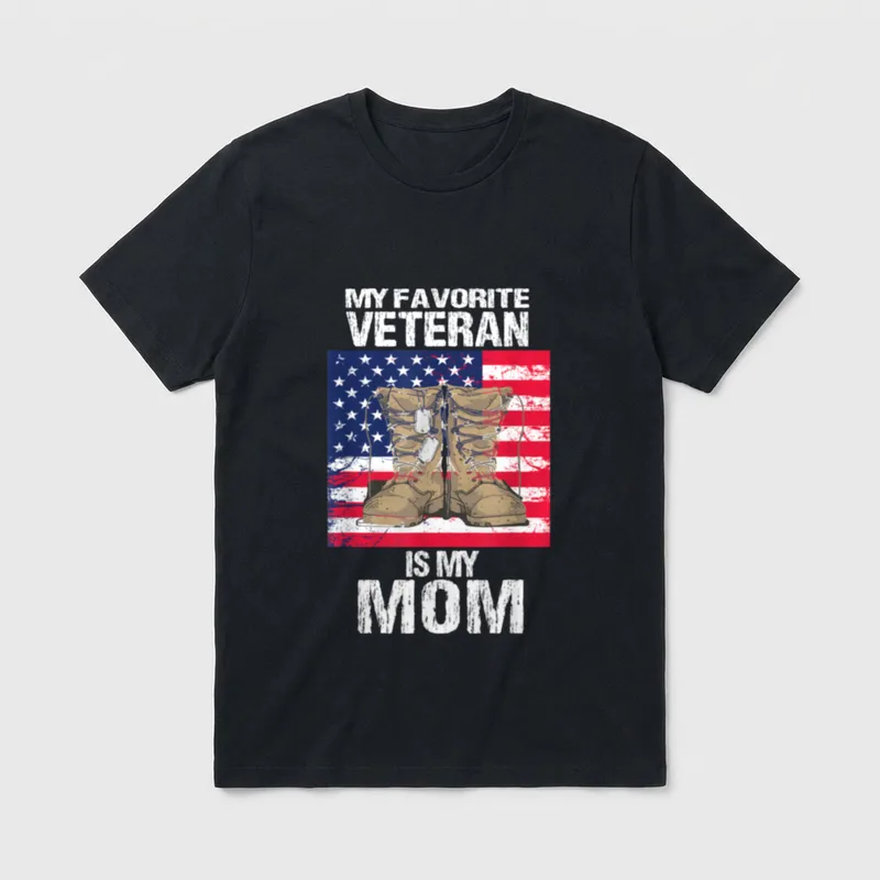 Veteran Mom Proud Son T-Shirt – My Favorite Veteran Is My Mom, military boots and dog tags on flag – Classic T-Shirt in Black
