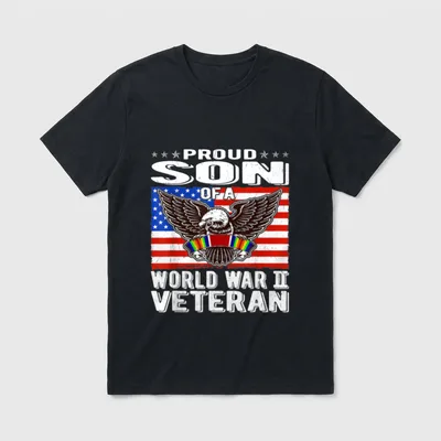 Proud Son Of WW2 Veteran T-Shirt – PROUD SON OF A WORLD WAR II VETERAN text with eagle and flag – Classic T-Shirt in Black