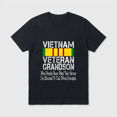 Proud Combat Vet Grandpa T-Shirt – Vietnam Veteran Grandson text with service ribbon – Classic T-Shirt in Black