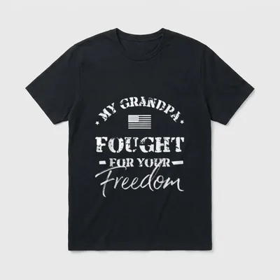 Grandpa Veteran Grandchild T-Shirt – My Grandpa Fought For Your Freedom with American flag – Classic T-Shirt in Black