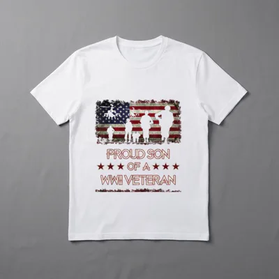 Proud Son Of A WWII T-Shirt – PROUD SON ★★★ OF A ★★★ WWII VETERAN text with flag background – Classic T-Shirt in Black