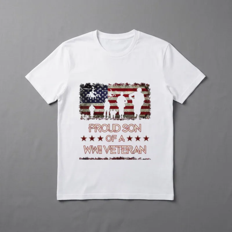 Proud Son Of A WWII T-Shirt – PROUD SON ★★★ OF A ★★★ WWII VETERAN text with flag background – Classic T-Shirt in Black