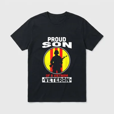 Military Son Proud Heritage T-Shirt – PROUD SON OF A VIETNAM VETERAN text with soldier silhouette – Classic T-Shirt in Black