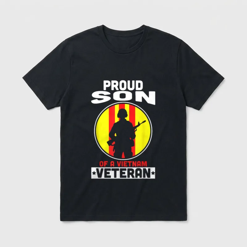 Military Son Proud Heritage T-Shirt – PROUD SON OF A VIETNAM VETERAN text with soldier silhouette – Classic T-Shirt in Black