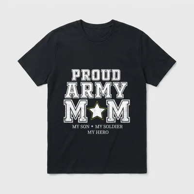 Army Mom My Son Hero T-Shirt – Proud Army Mom with MY SON, MY SOLDIER, MY HERO and gold star – Classic T-Shirt in Black