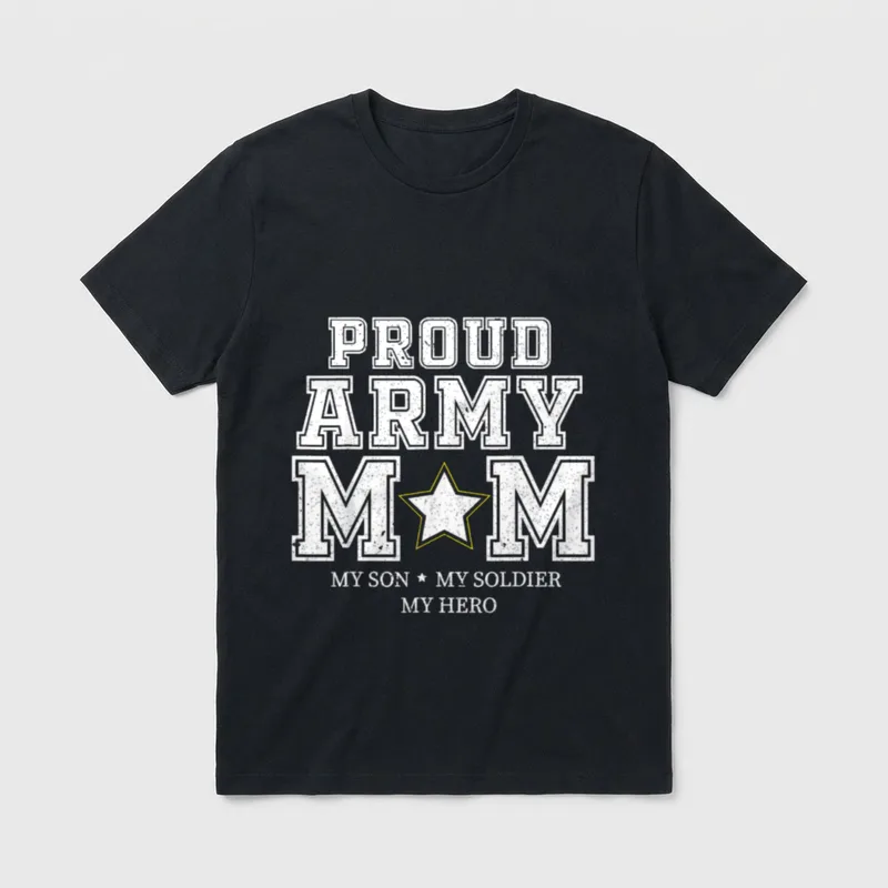 Army Mom My Son Hero T-Shirt – Proud Army Mom with MY SON, MY SOLDIER, MY HERO and gold star – Classic T-Shirt in Black