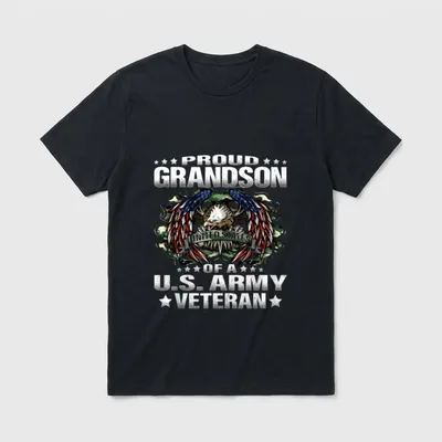 Proud Army Grandson T-Shirt – Text reading Proud Grandson of a U.S. Army Veteran with eagle wings – Classic T-Shirt in Black