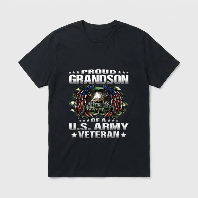 Proud Army Grandson T-Shirt – Text reading Proud Grandson of a U.S. Army Veteran with eagle wings – Classic T-Shirt in Black