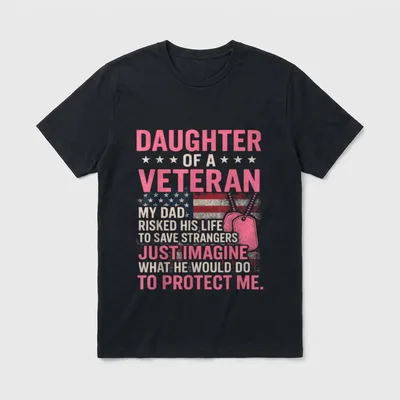 Military Dad And Daughter T-Shirt – Pink and tan lettering with American flag and military dog tag – Classic T-Shirt in Black
