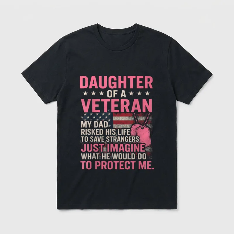 Military Dad And Daughter T-Shirt – Pink and tan lettering with American flag and military dog tag – Classic T-Shirt in Black