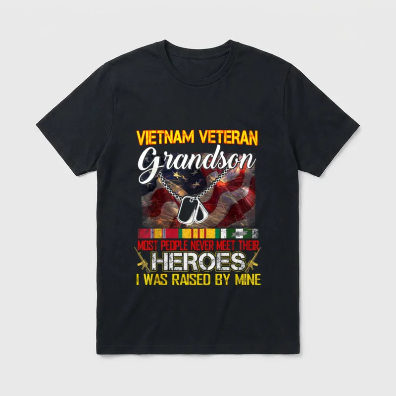 Grandson Vietnam Veteran Hero T-Shirt – Dog tags and text honoring a Vietnam veteran grandfather – Classic T-Shirt in Black
