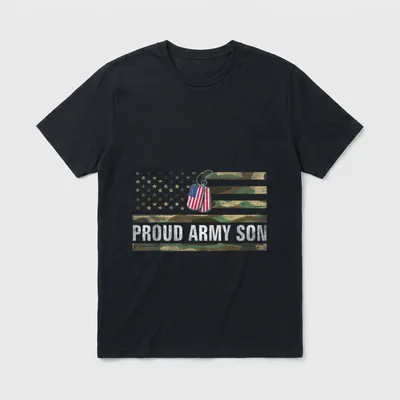 Veteran Day Army Family T-Shirt – Proud Army Son text with dog tags and American flag camouflage – Classic T-Shirt in Black